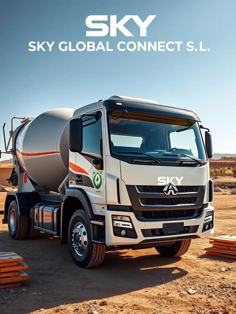 An image of a used Sinotruk concrete mixer, emphasizing its modern design and technological features, highlighting its suitability for the Moroccan market, for SKY GLOBAL CONNECT S.L.