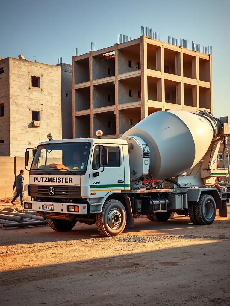 A detailed image of a used Putzmeister concrete pump truck, showcasing its boom and pumping mechanism, parked on a construction site in Morocco.