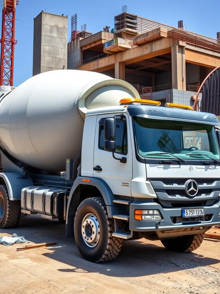 A high-quality photo of a used Mercedes-Benz concrete truck, showcasing its robust design and well-maintained condition, suitable for construction projects in Morocco.