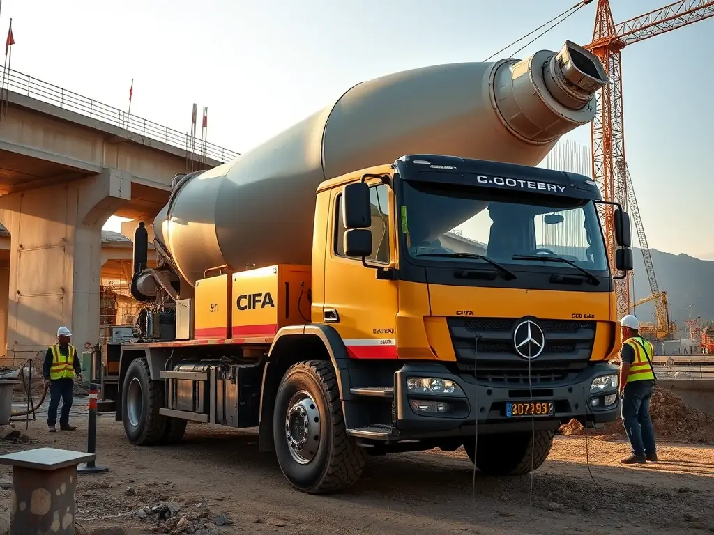 A used Cifa concrete pump truck, emphasizing its advanced technology and high performance, working on a bridge construction project in Morocco.