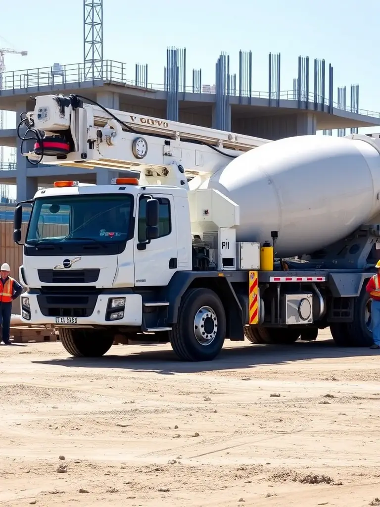 A clear photo of a used Volvo concrete pump truck, focusing on its pumping arm and control panel, demonstrating its functionality and reach for various construction applications in Morocco.