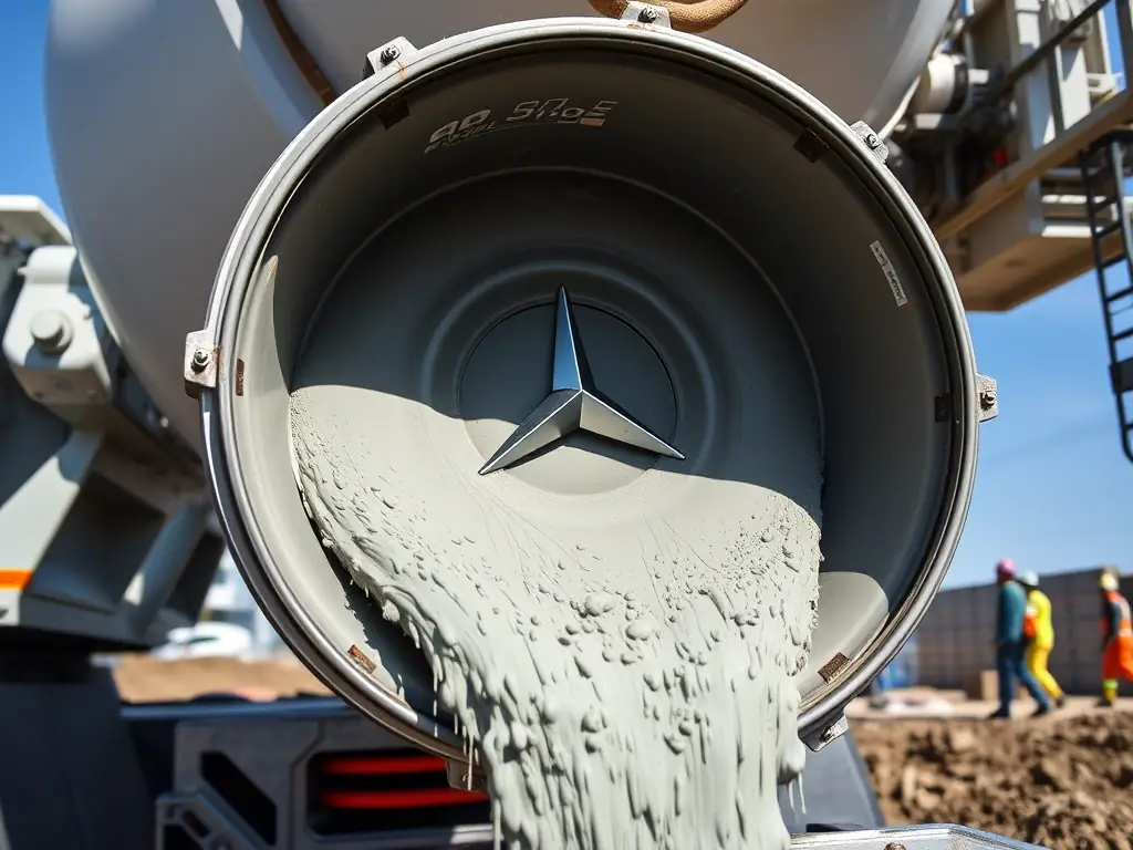 An image of the Mercedes-Benz Arocs 3240 Concrete Mixer's drum, showcasing its efficient mixing capabilities and durable construction, with concrete being poured out.