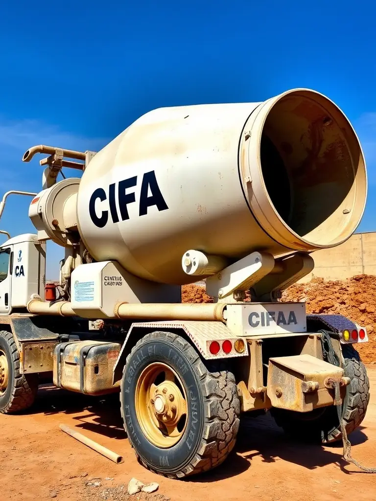 A high-quality image of a used CIFA concrete mixer, showcasing its robust design and mixing drum. The mixer is clean and well-maintained, highlighting its reliability for the Moroccan market.