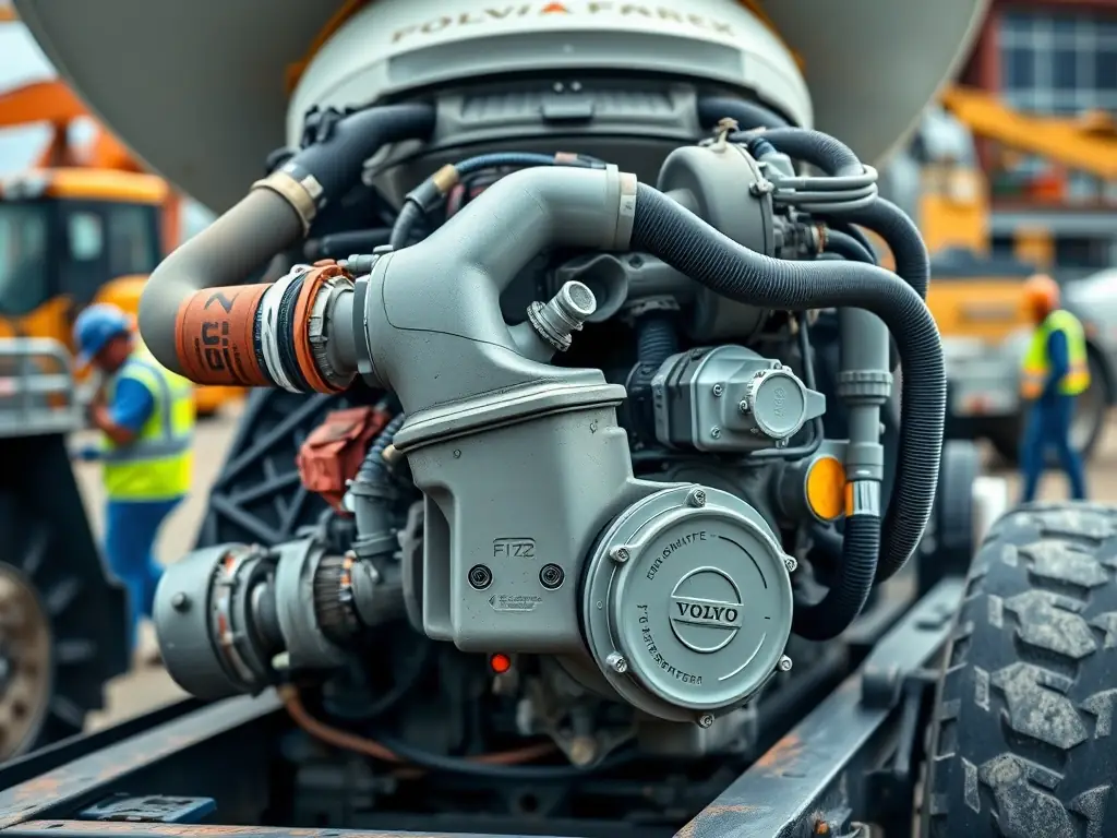 A close-up shot of a Volvo FMX 420 Concrete Truck's engine, highlighting its robust design and powerful components, set against a backdrop of a busy construction site.