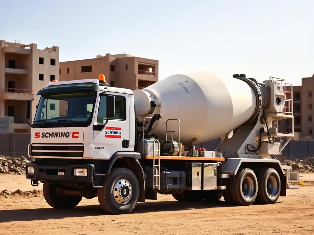 A used Schwing concrete pump truck, showcasing its robust design and functionality, parked on a construction site in Morocco.