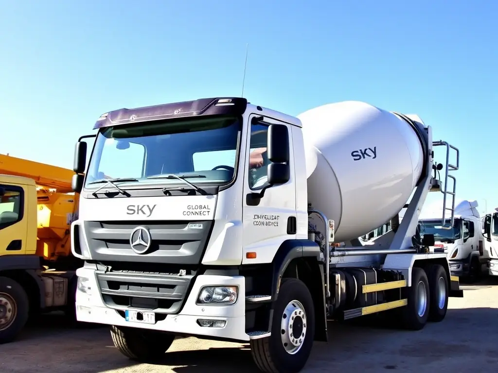 A used concrete mixer truck, clean and well-maintained, parked in a yard with other construction vehicles. The SKY GLOBAL CONNECT S.L. logo is subtly visible in the background.