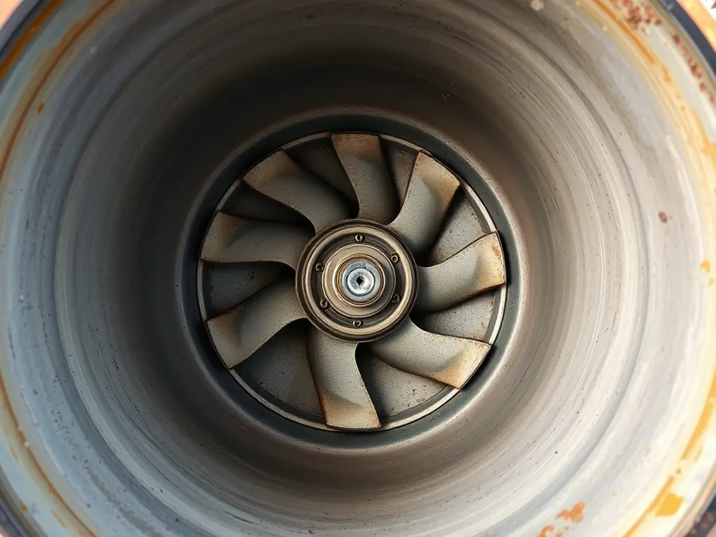 A close-up shot of the mixing drum of a used concrete mixer, highlighting its condition and features. The focus is on the interior of the drum, showing the mixing blades.