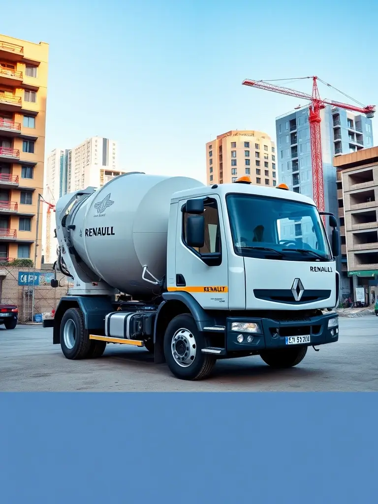 An image of a used Renault concrete truck, emphasizing its fuel efficiency and suitability for urban construction environments in Morocco, showcasing its compact design.
