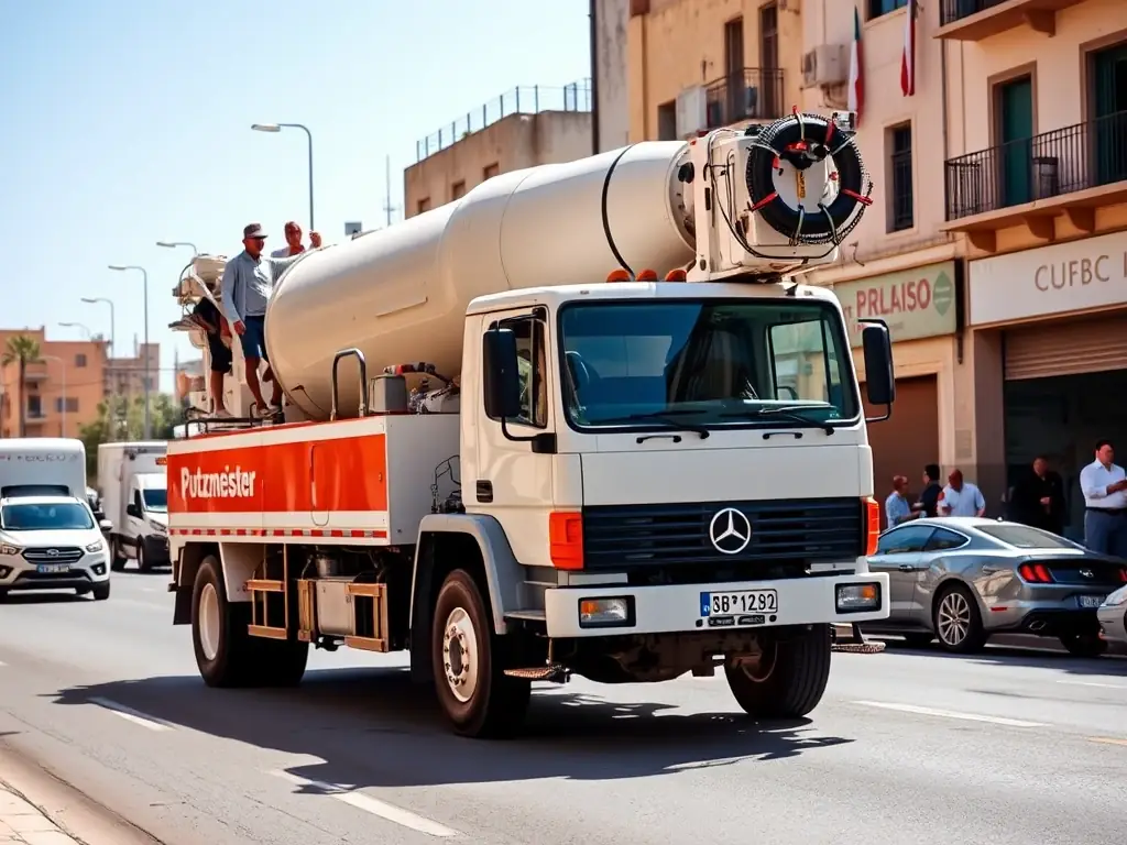 A used Putzmeister concrete pump truck, highlighting its compact size and maneuverability, operating in a busy urban environment in Morocco.