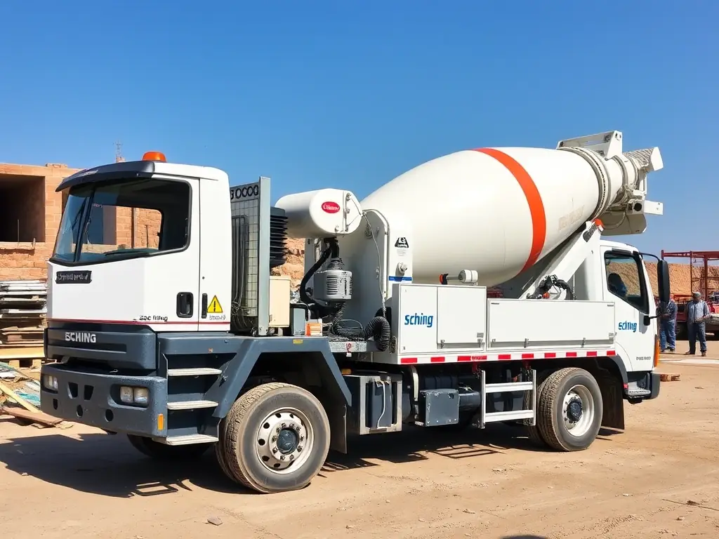 A used Schwing concrete pump mounted on a truck chassis, parked on a construction site in Morocco, with workers visible in the background.