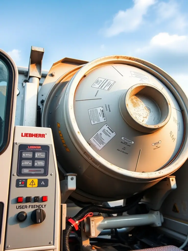 A detailed shot of a used Liebherr concrete mixer, focusing on the control panel and the mixing drum's interior. The image emphasizes the mixer's user-friendly interface and efficient mixing capabilities.