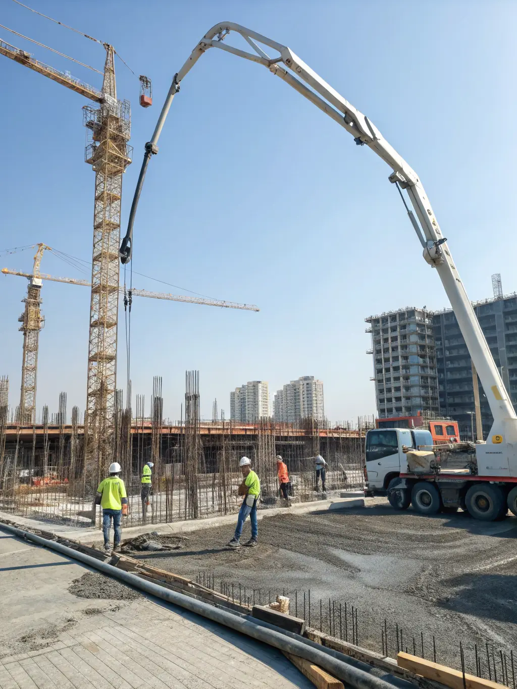 A professional shot of a used Cifa concrete pump truck, highlighting its robust build and advanced control system, working on a large-scale infrastructure project.