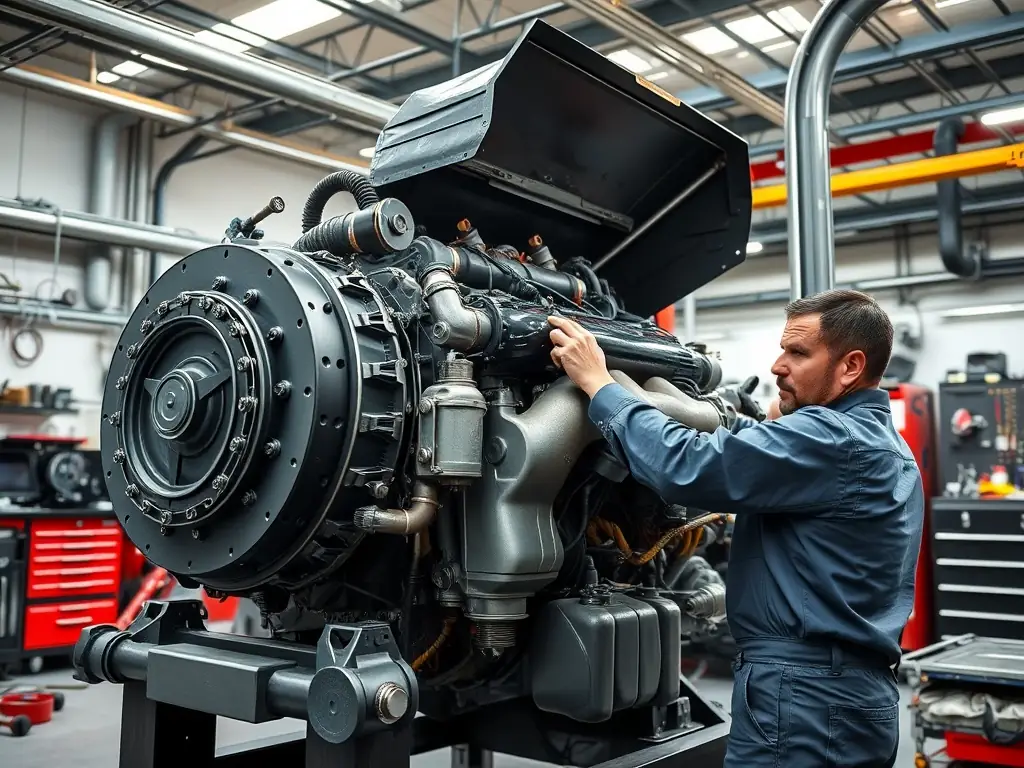 A mechanic inspecting the engine of a used concrete mixer truck, showcasing the maintenance and quality checks performed by SKY GLOBAL CONNECT S.L.