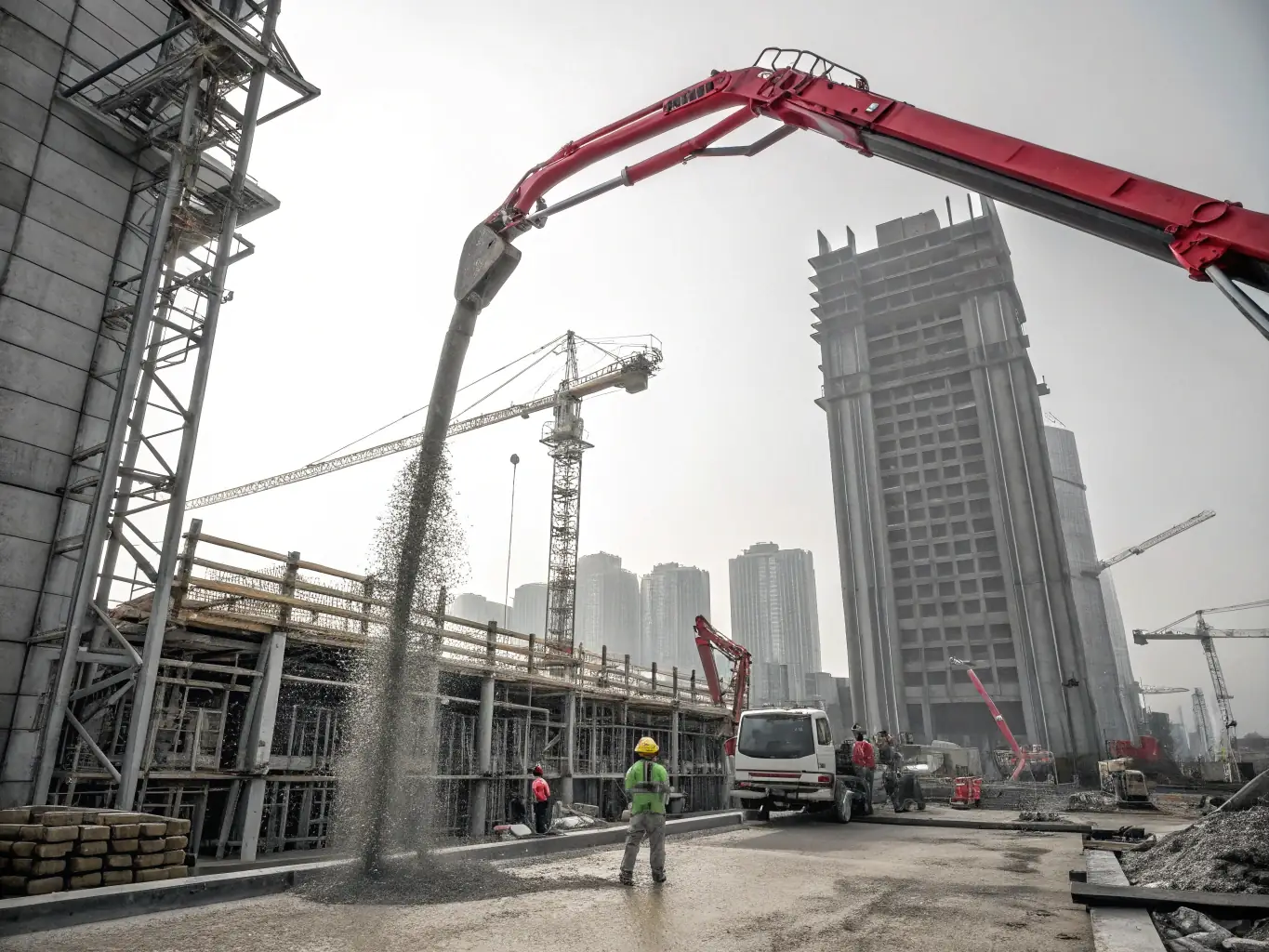 A used Putzmeister concrete pump with a robotic arm, shown in operation at a construction site in Morocco, pouring concrete into a high-rise building foundation.