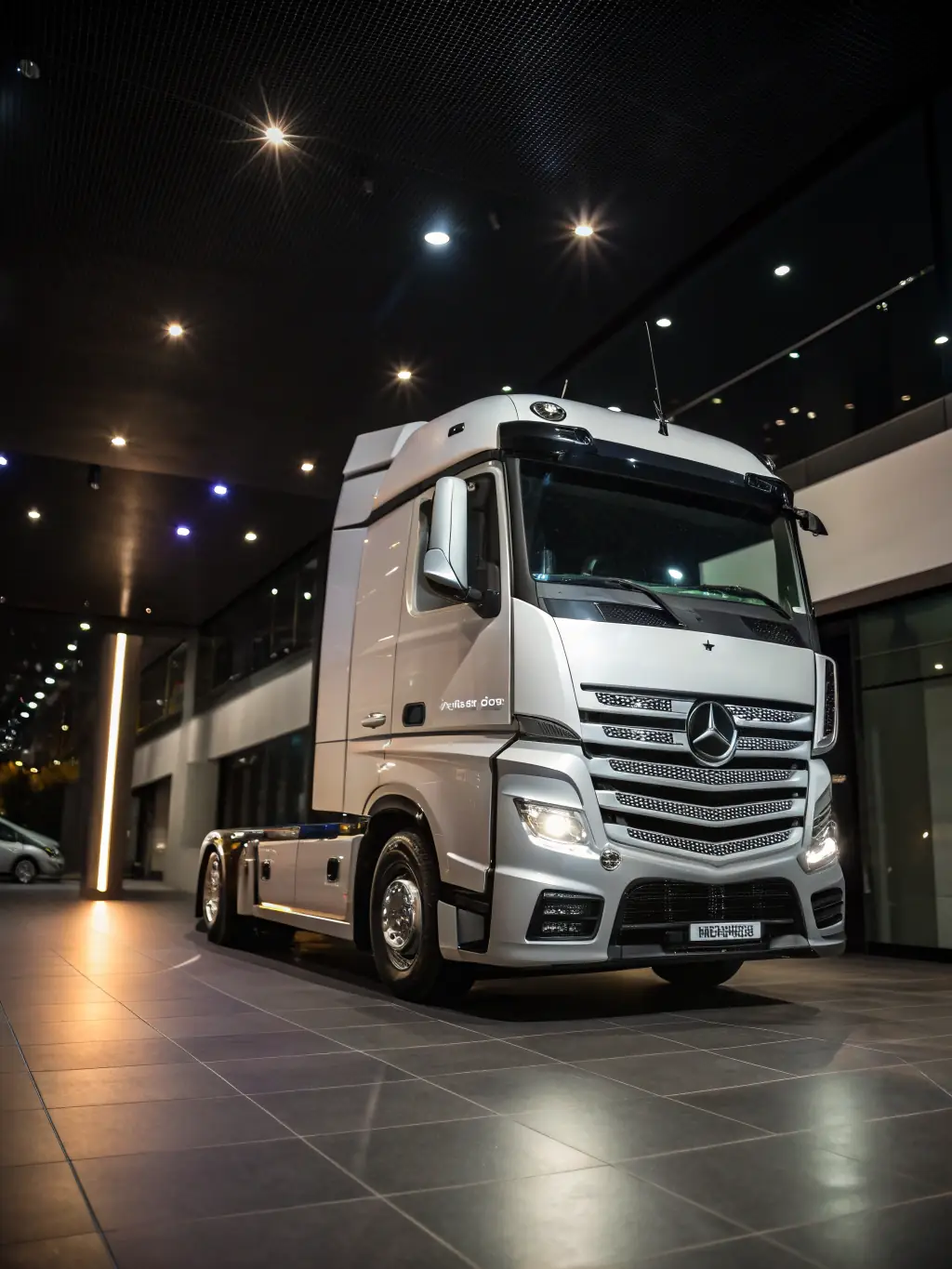 A high-quality photo of a used Mercedes-Benz concrete mixer truck, showcasing its exterior in a well-lit environment, emphasizing its robust build and functionality, intended for the SKY GLOBAL CONNECT S.L. website.