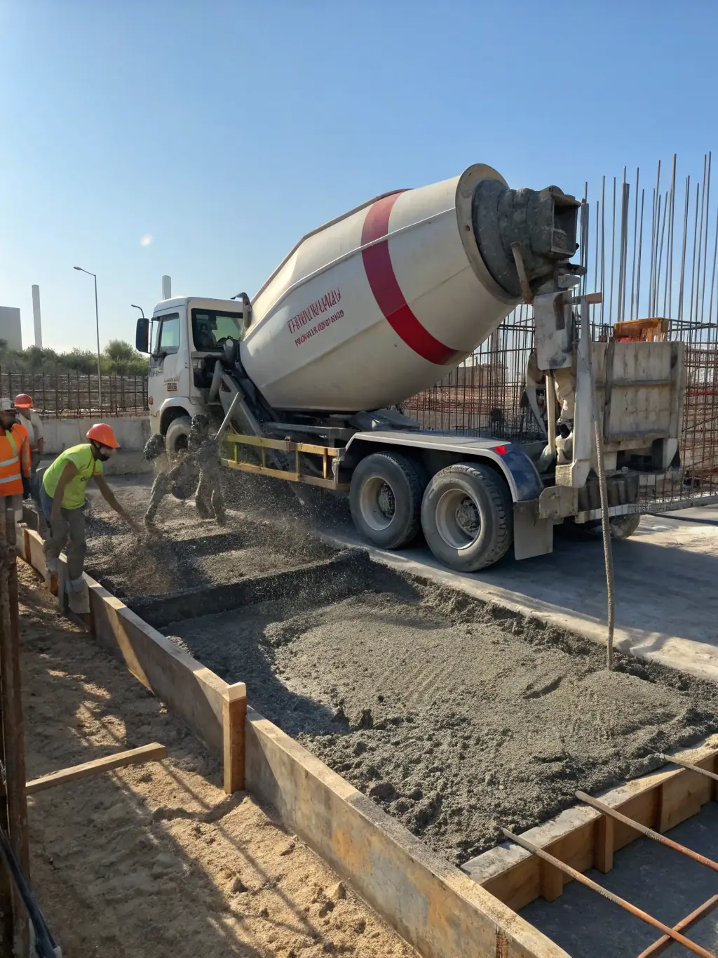 An image of a used Stetter concrete mixer, highlighting its compact size and maneuverability. The mixer is shown in a construction site setting, demonstrating its practical application.
