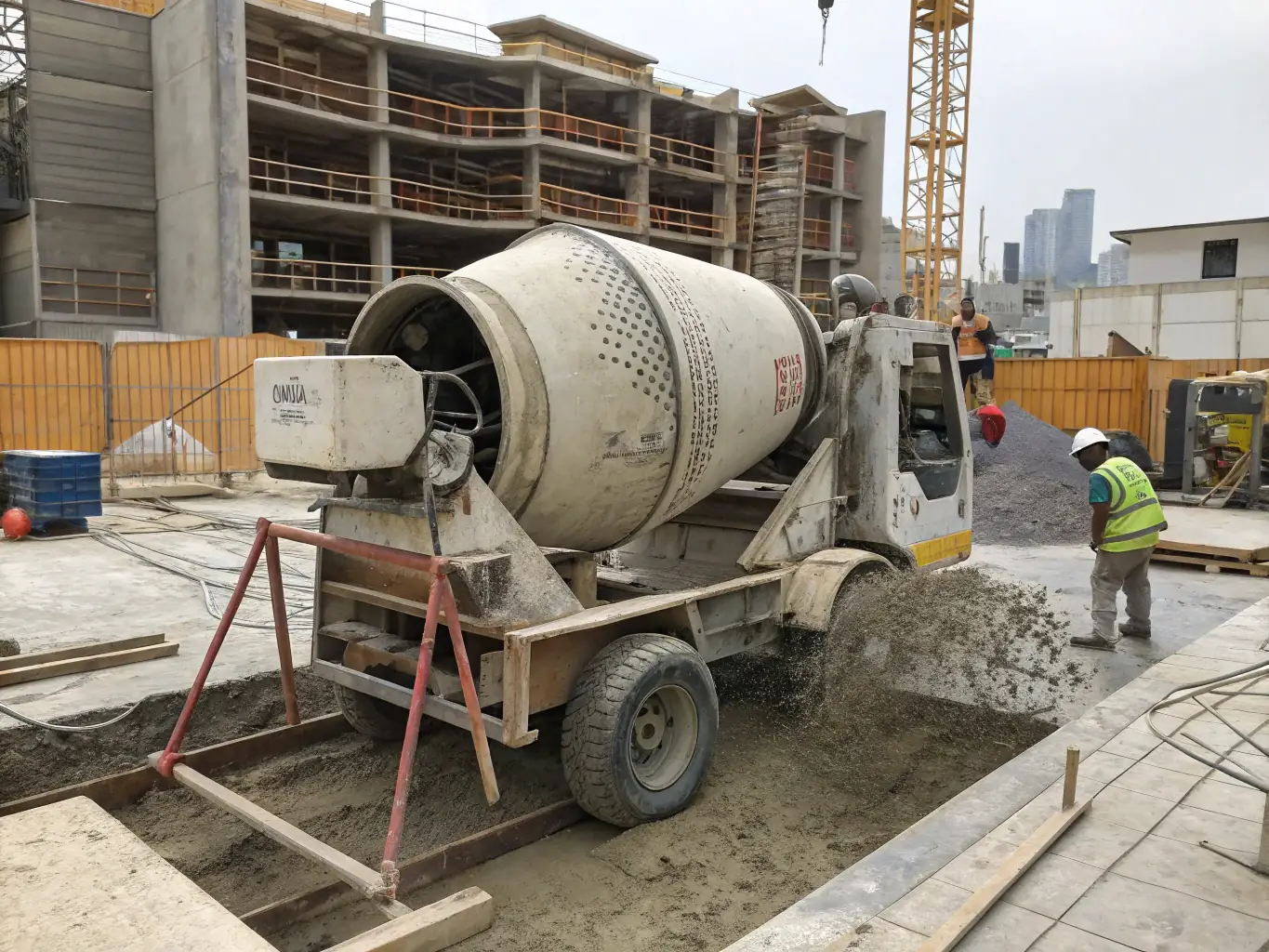 A detailed image of a used concrete mixer's drum and mixing mechanism, highlighting its capacity and efficiency in blending concrete.