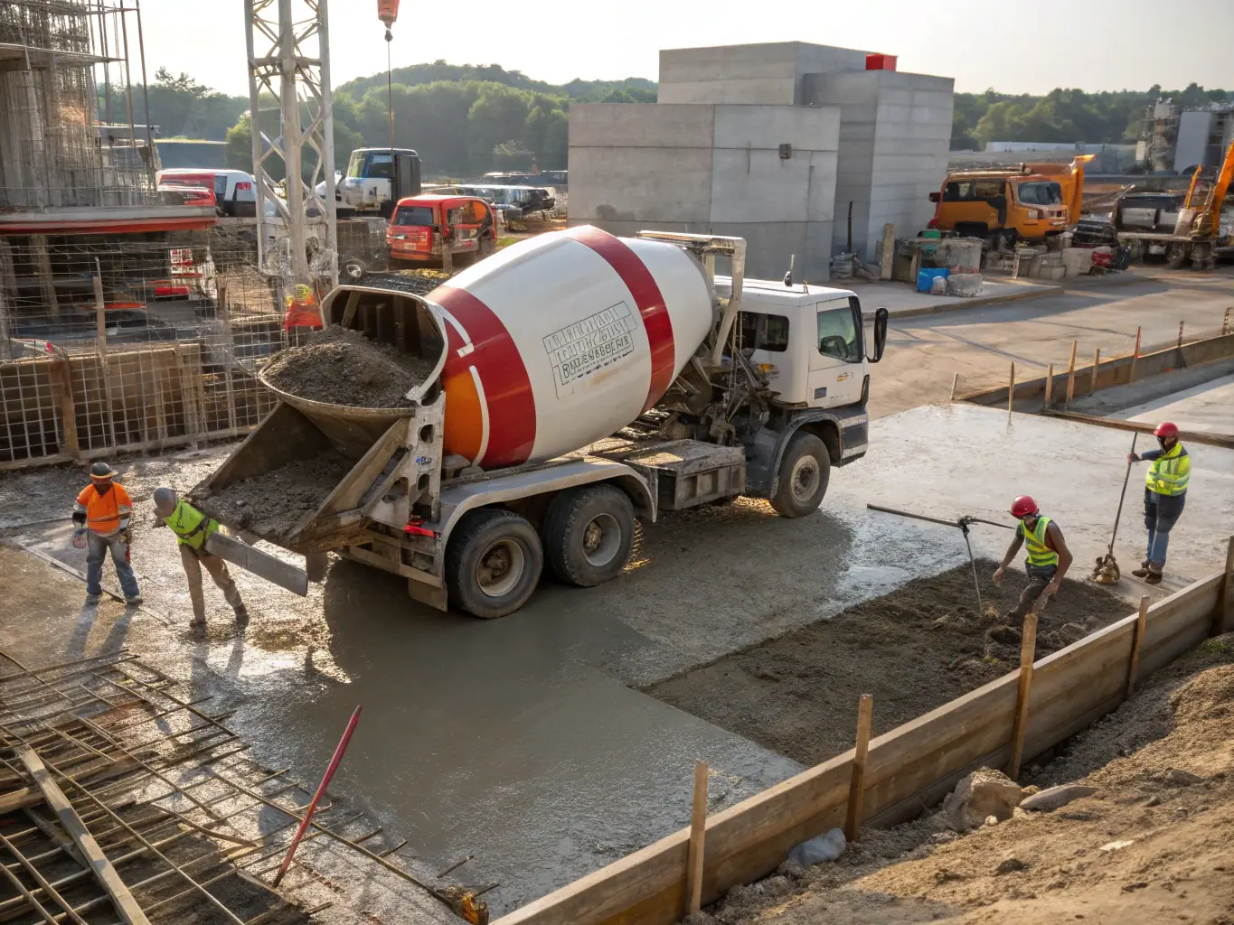 A clean and functional used concrete mixer truck, highlighting its mixing drum and overall condition. The background shows a construction site, indicating its practical use.