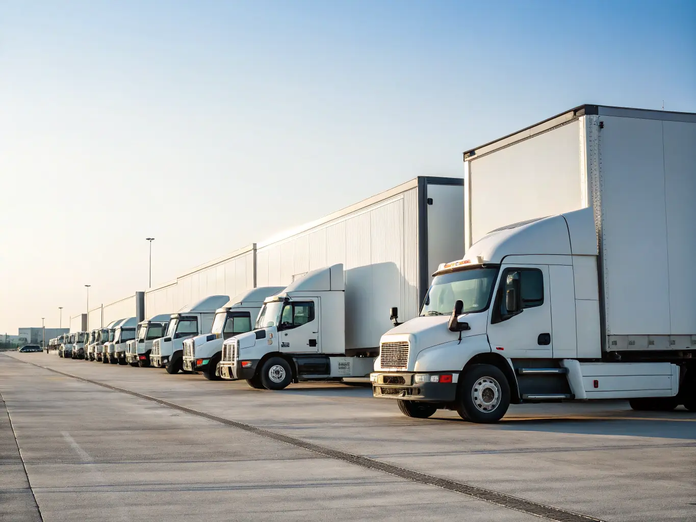 A professional photo showcasing a fleet of SKY GLOBAL CONNECT S.L. trucks ready for delivery, emphasizing the company's logistical capabilities and commitment to timely service.