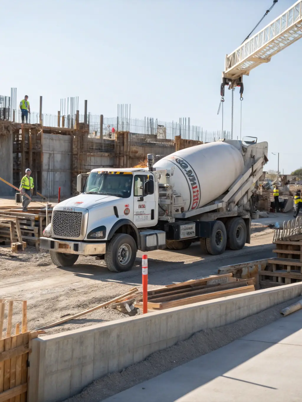 A detailed image of a used MAN concrete mixer truck, highlighting its mixing drum and chassis, emphasizing its capacity and durability for Moroccan construction needs.