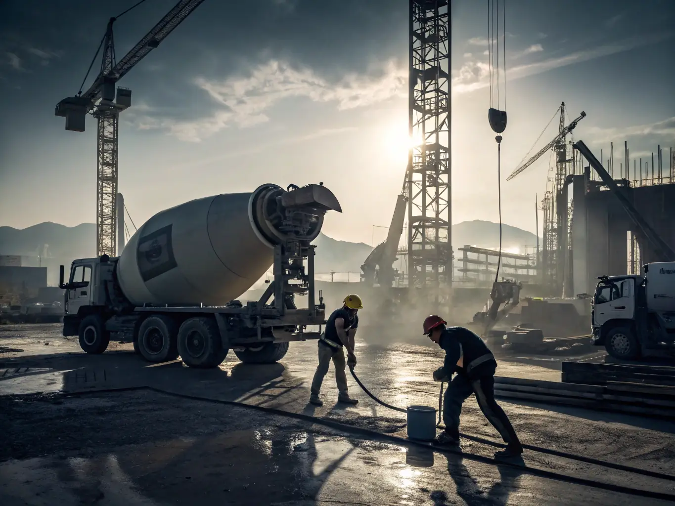 An image of a used concrete mixer on a construction site, demonstrating its practical application and ease of use in real-world scenarios.
